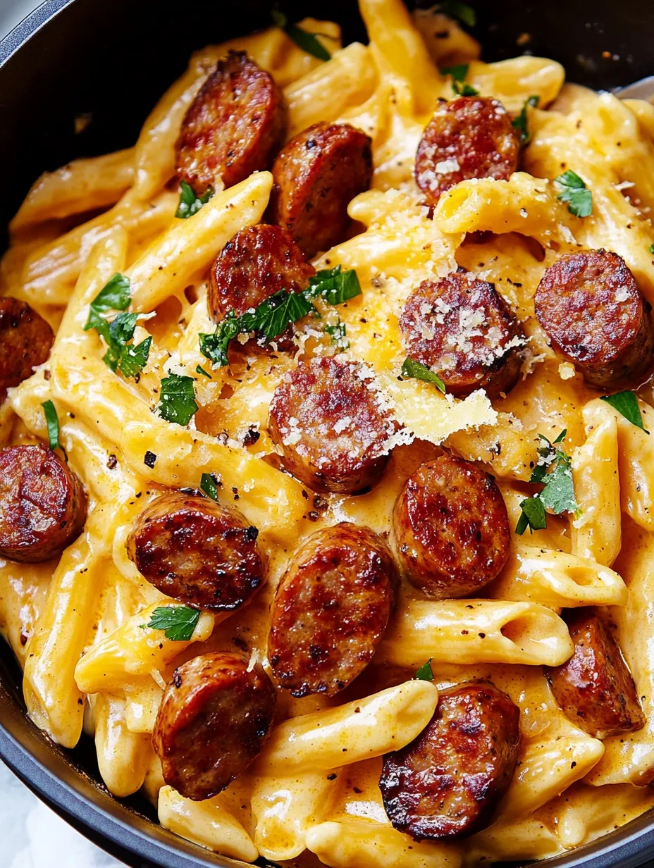 A bowl of pasta with sausage and cheese on top.