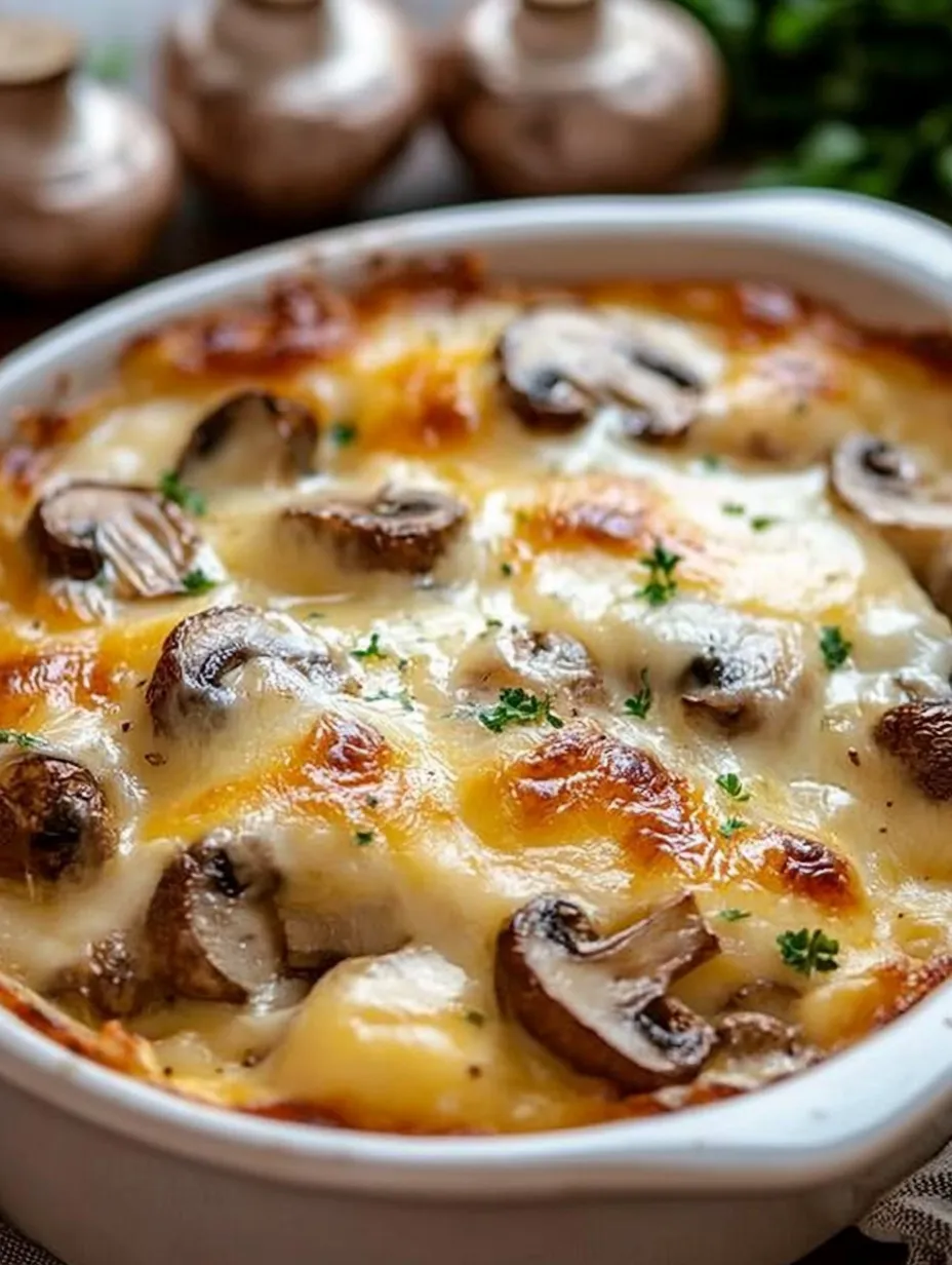 A bowl of mushroom and cheese casserole.