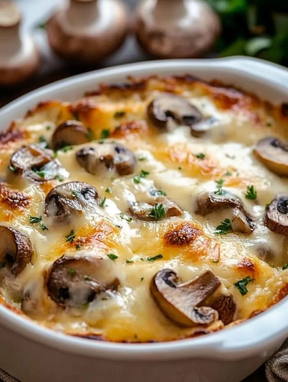 A bowl of mushroom and cheese casserole.