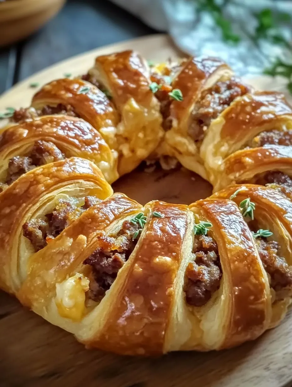 A pastry with meat and cheese on a wooden table.