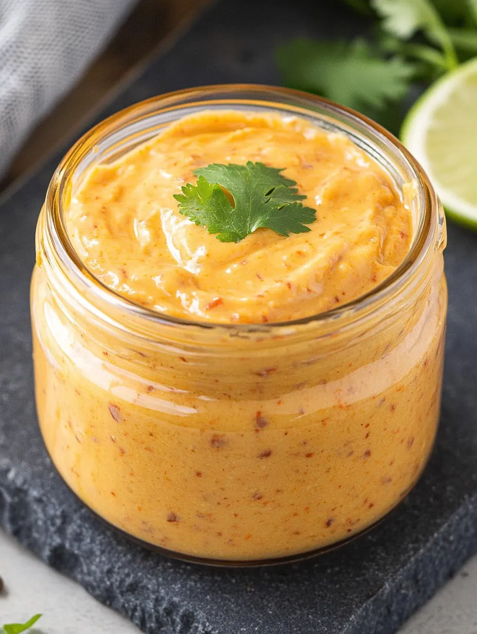 A jar of orange sauce with a green cilantro garnish.