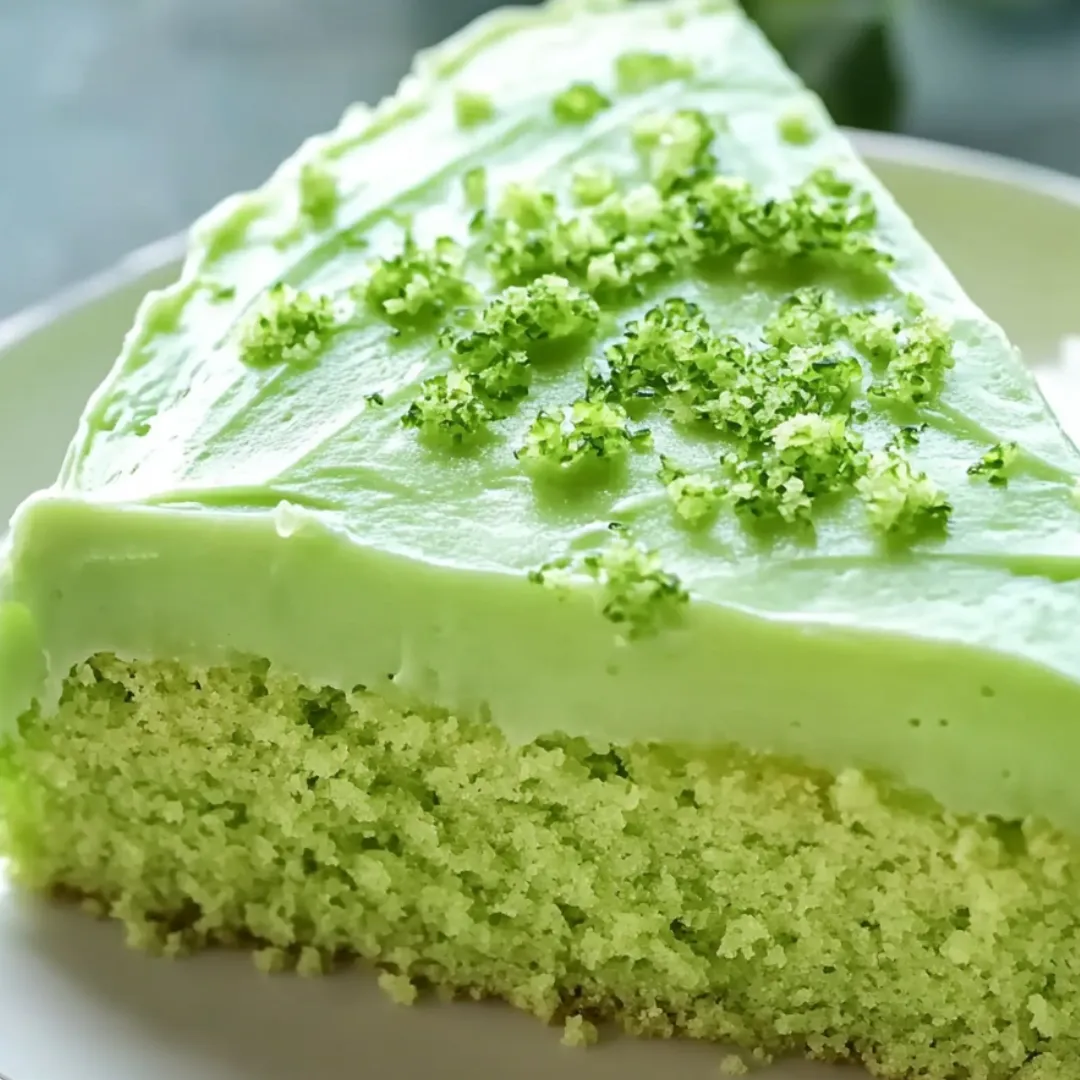 A slice of cake with green topping.