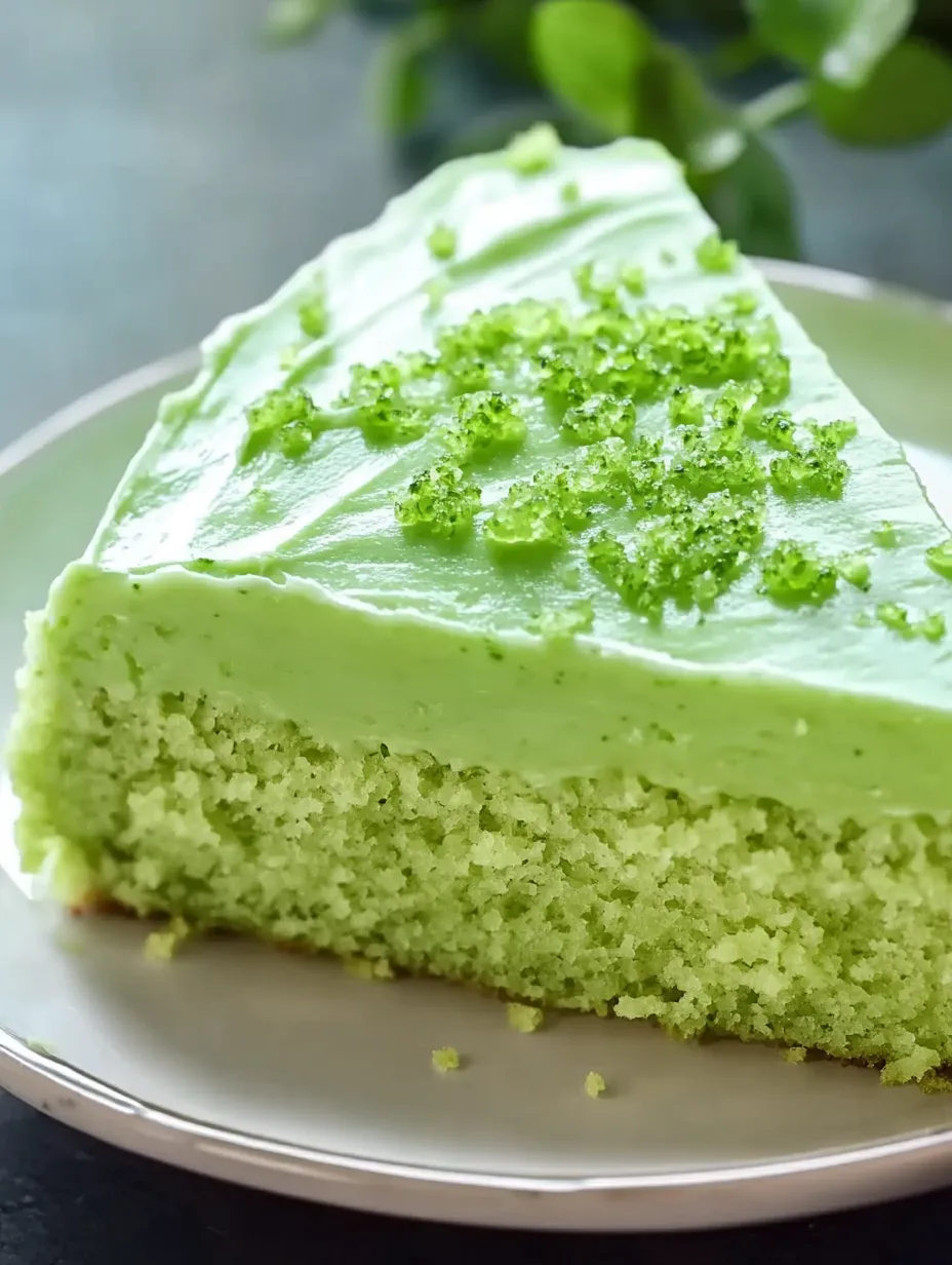A slice of cake with green frosting.