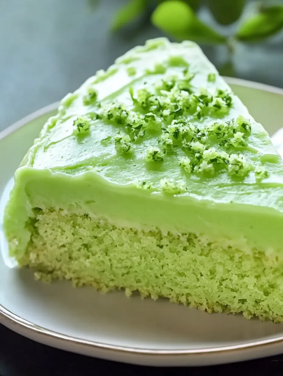 A slice of green cake with green toppings.