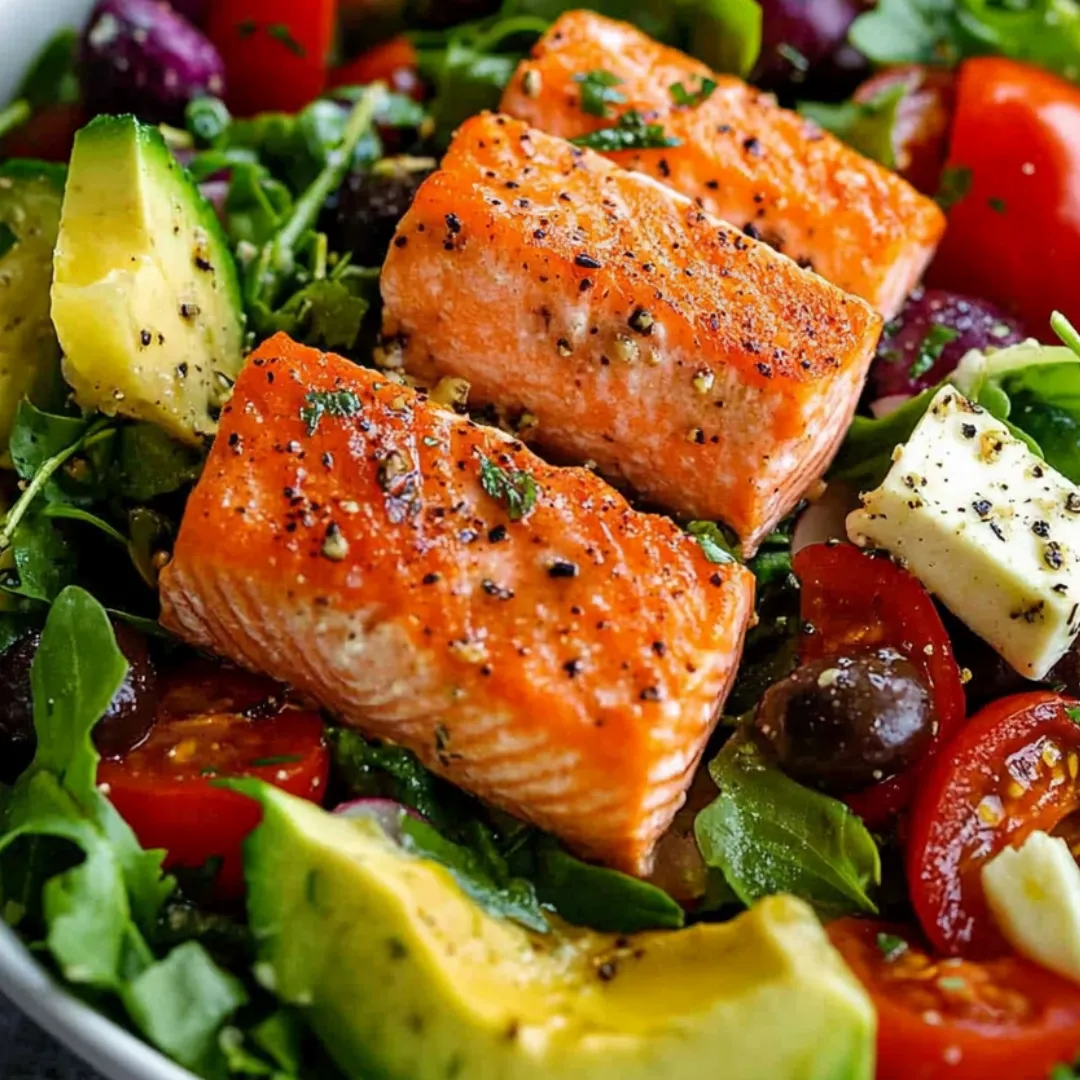 A bowl of salad with fish and tomatoes.