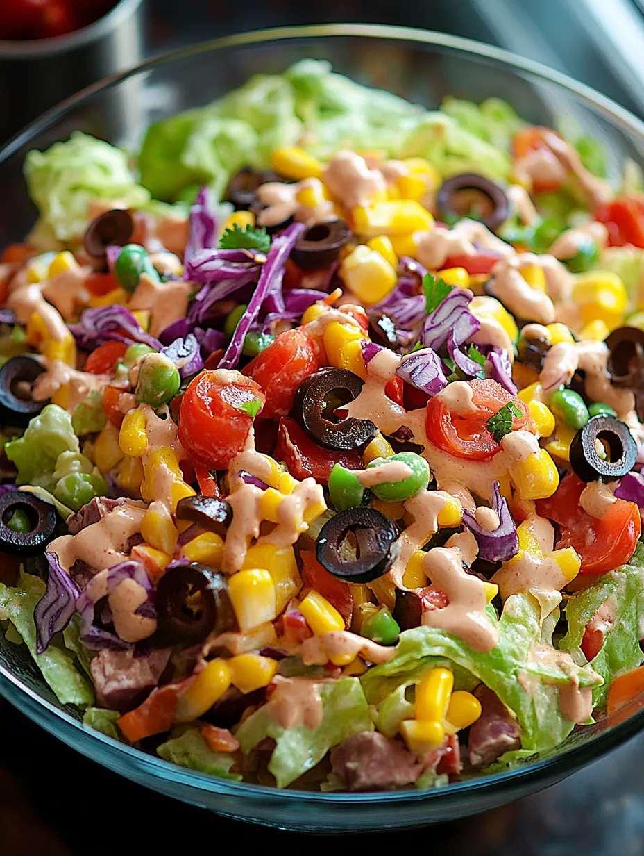 A bowl of salad with lettuce, tomatoes, corn, olives, and dressing.