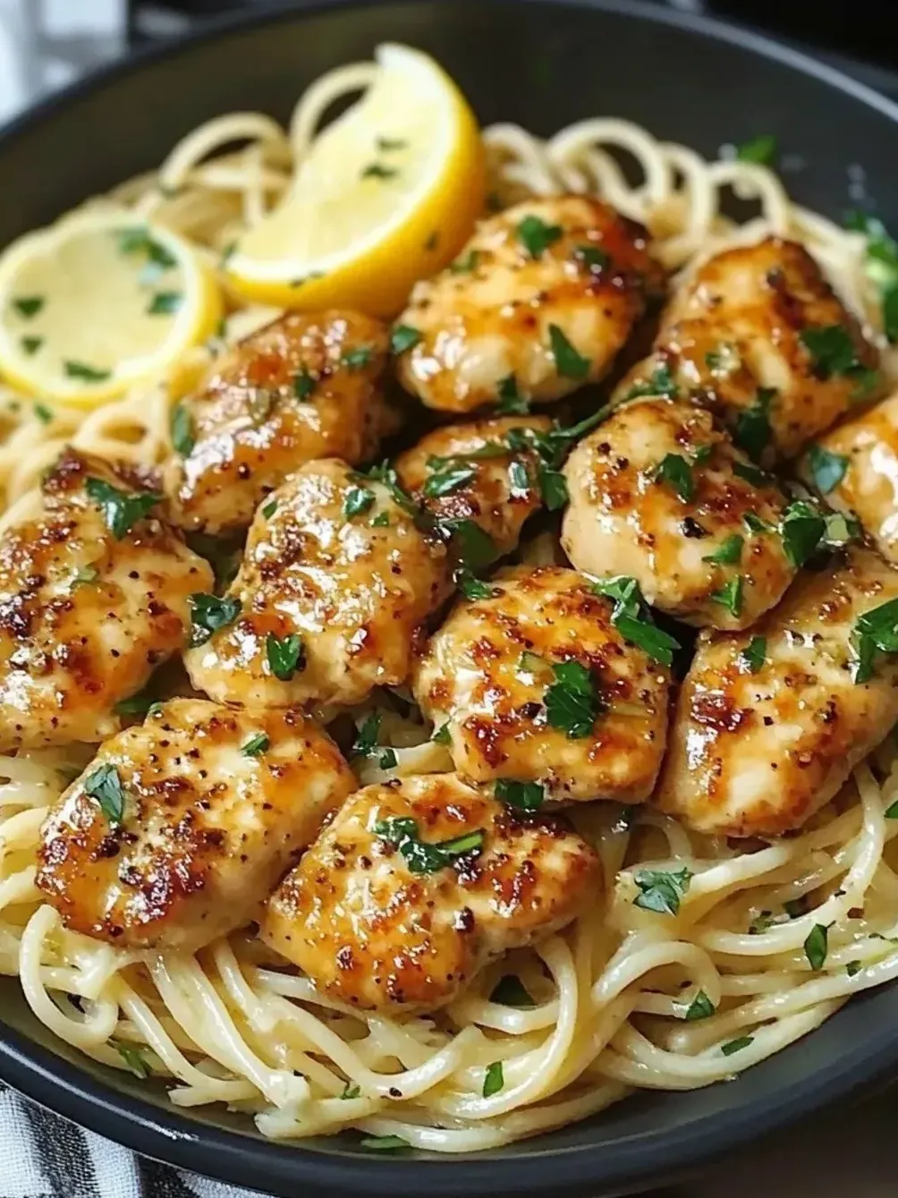 A bowl of pasta with chicken and lemon wedges.