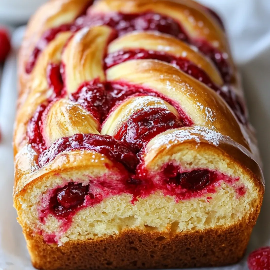 A loaf of bread with raspberry jam on top.