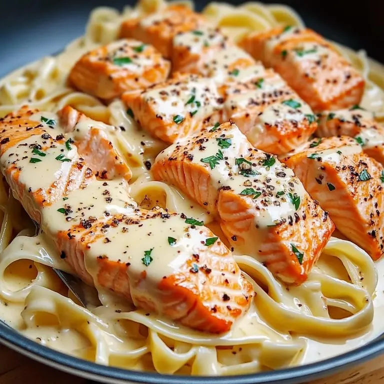 A plate of food with salmon and pasta.