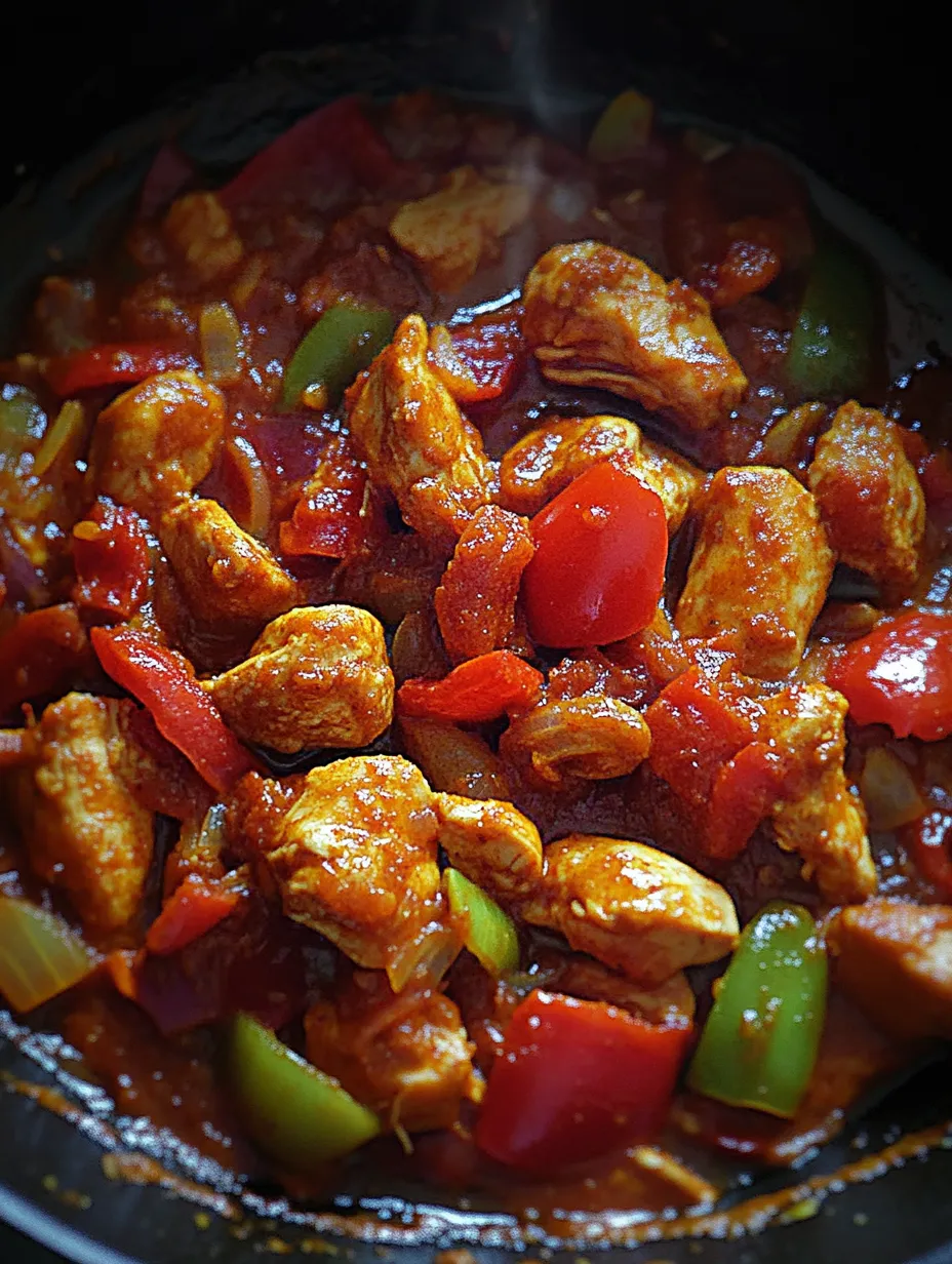A bowl of chicken and peppers.