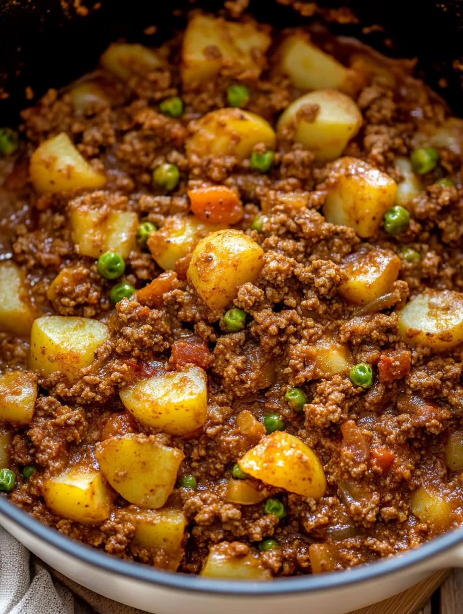A bowl of beef stew with peas and potatoes.