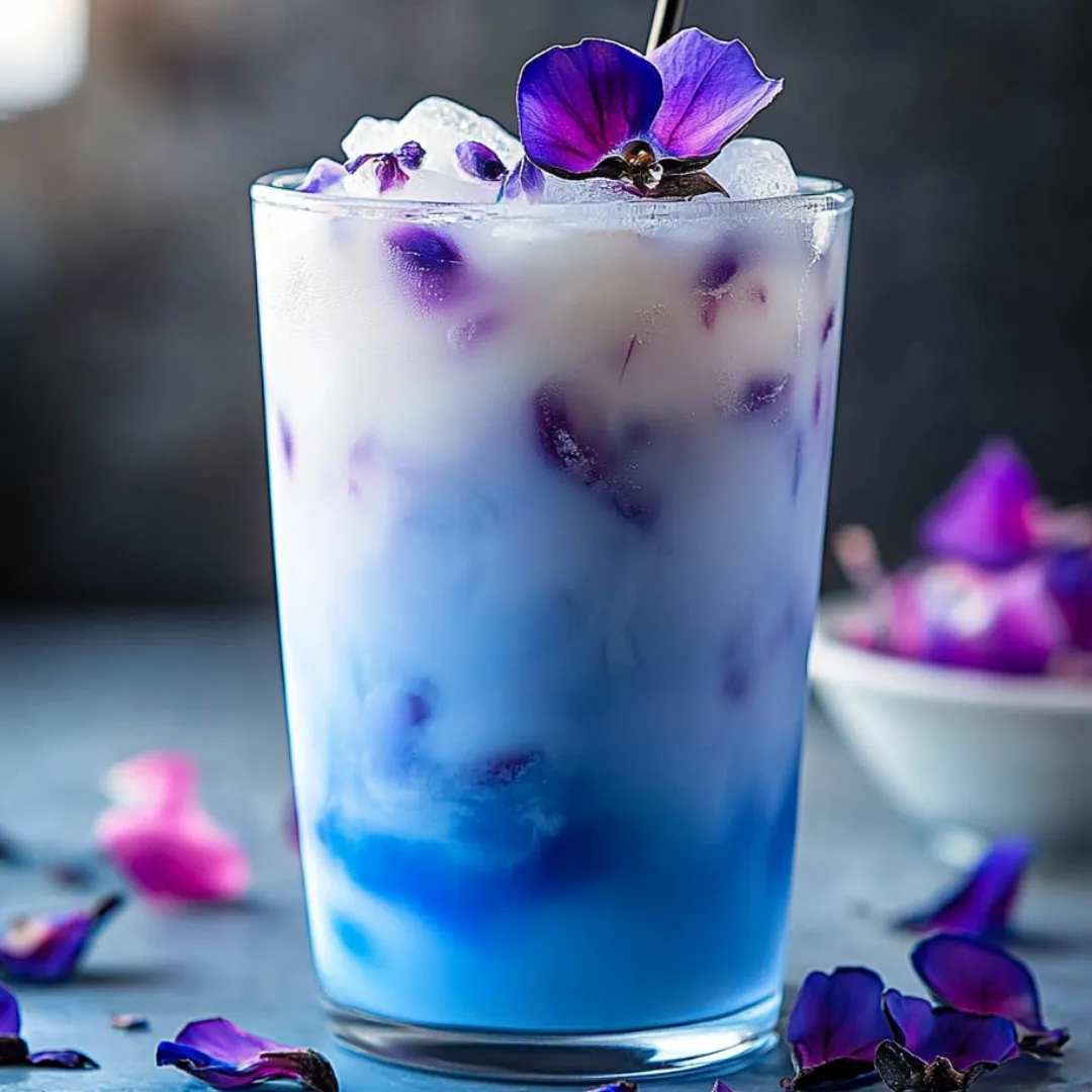 A glass of blue drink with purple flowers.