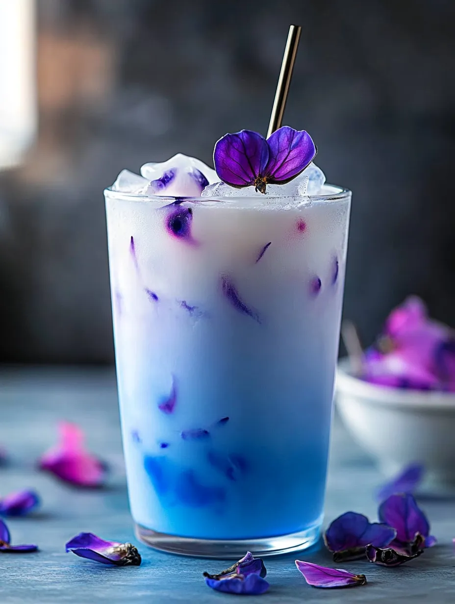 A glass of blue drink with purple flowers.