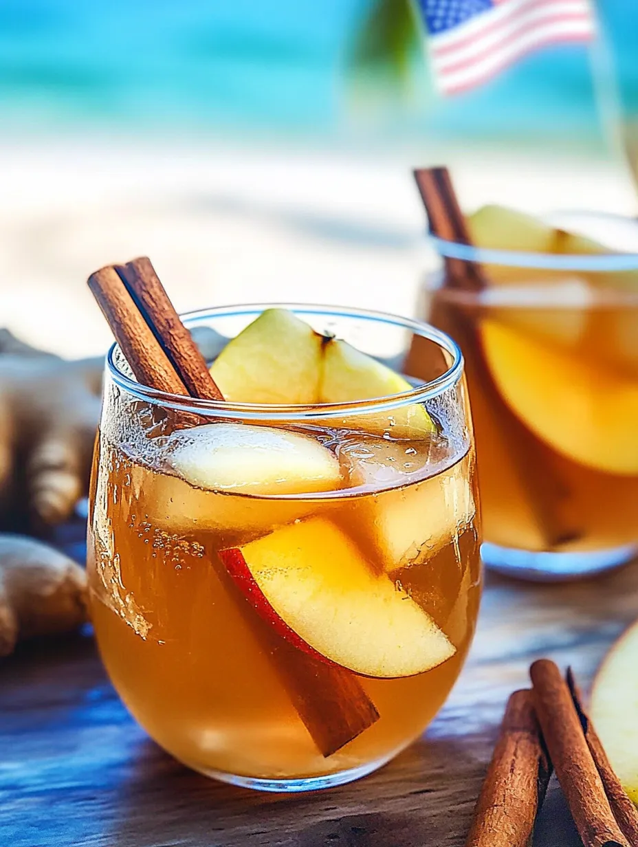 A glass of apple cider with cinnamon sticks in it.
