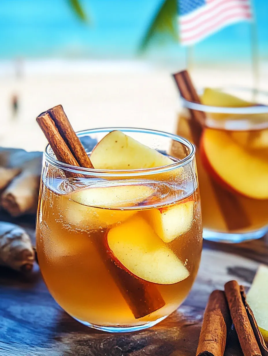 A glass of apple cider with cinnamon sticks in it.