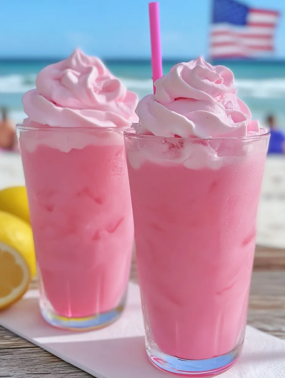 Two glasses of pink frozen drinks.