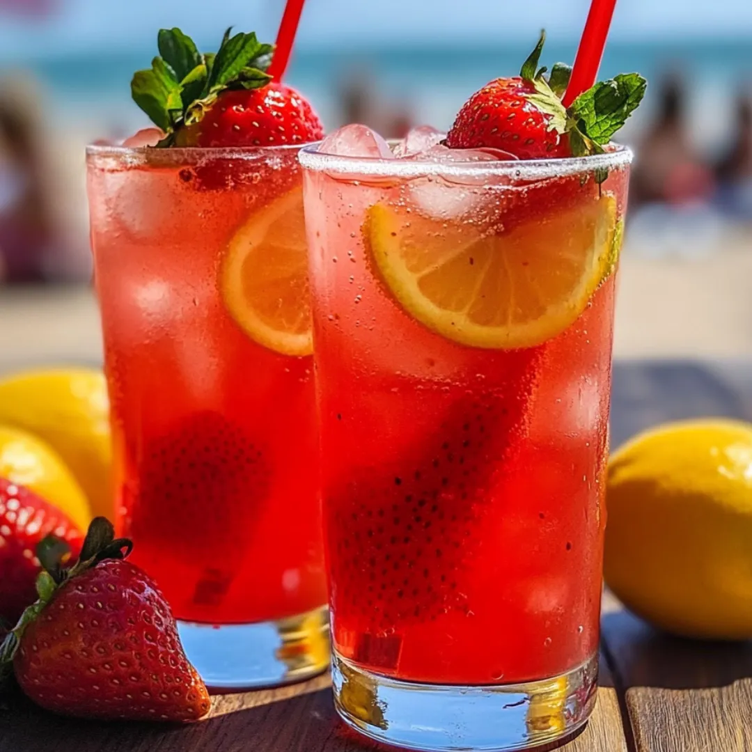 Two glasses of red strawberry lemonade with lemon slices on a table.