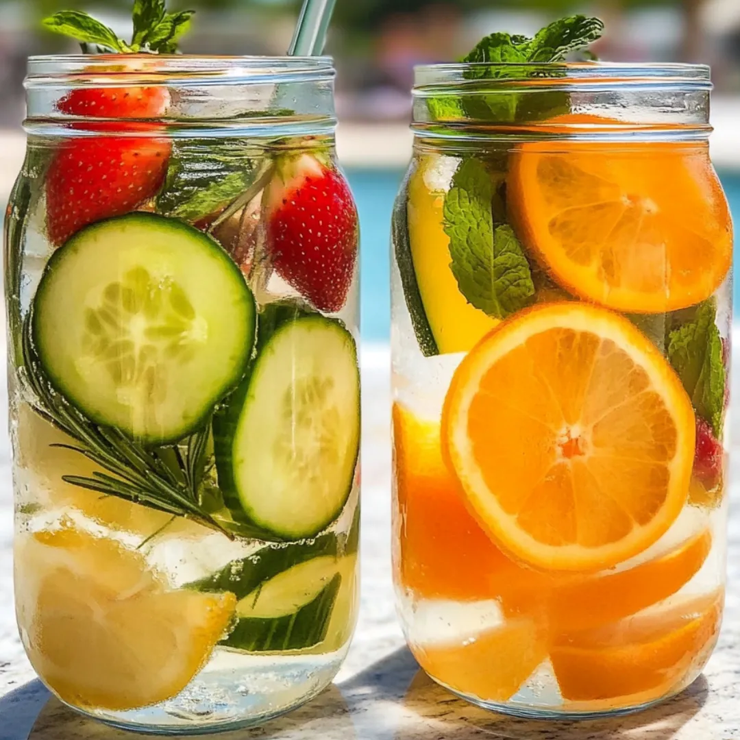 Two glasses of fruit juice with cucumbers, oranges, and strawberries.