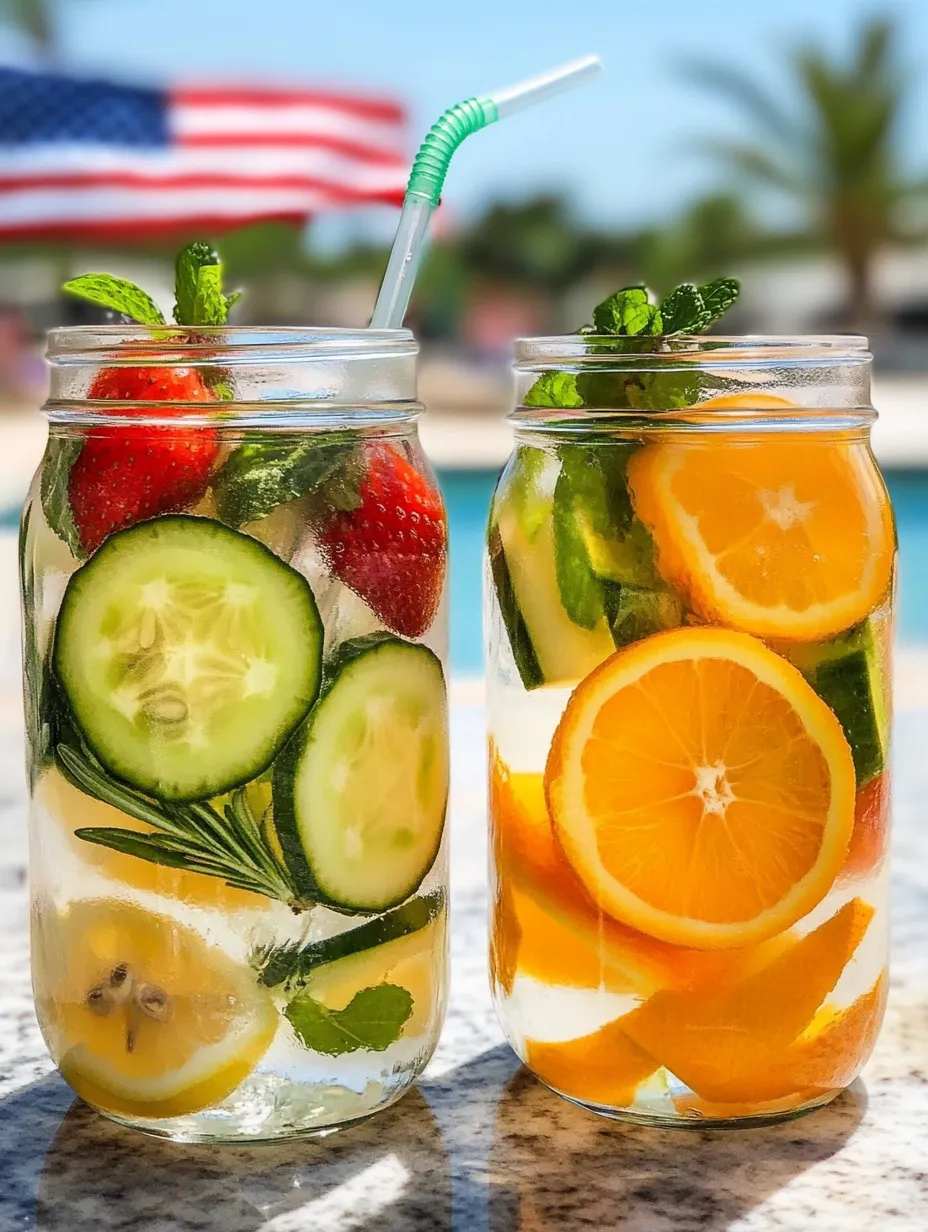 Two glasses of fruit juice with a flag in the background.