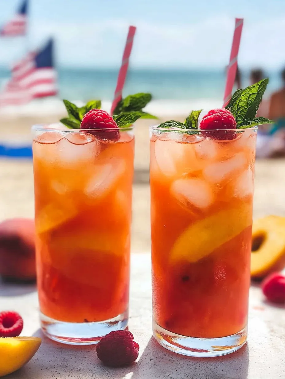 Two glasses of fruit juice with straws in them.