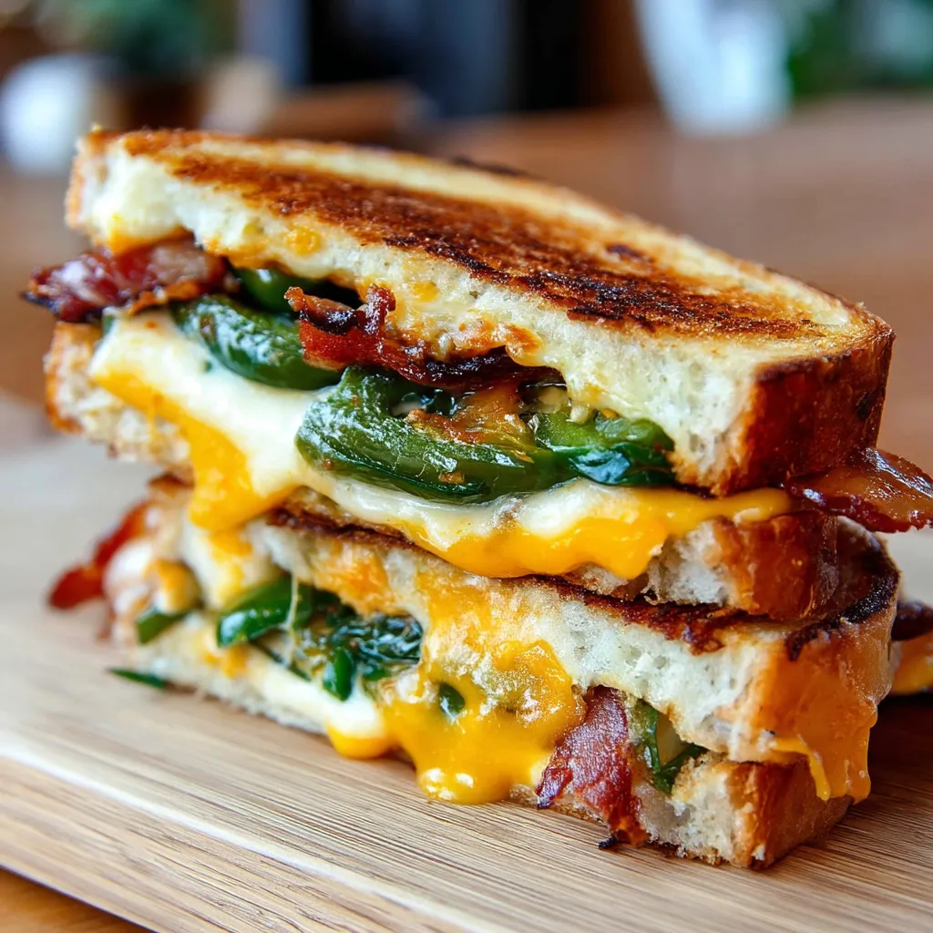 A sandwich with bacon, cheese, and peppers.