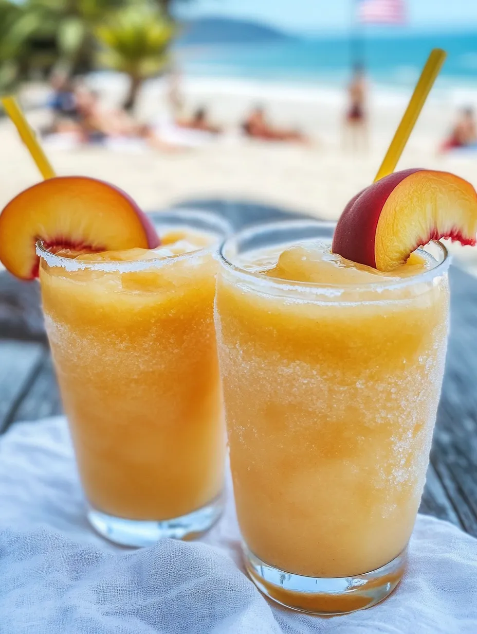 Two glasses of peach juice on a table.