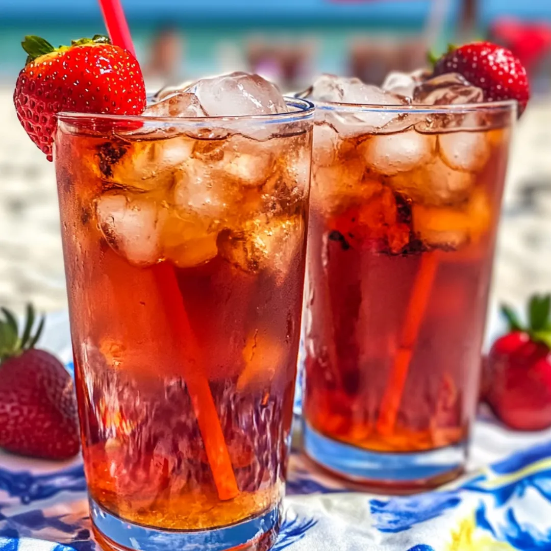 Two glasses of iced tea with strawberries.
