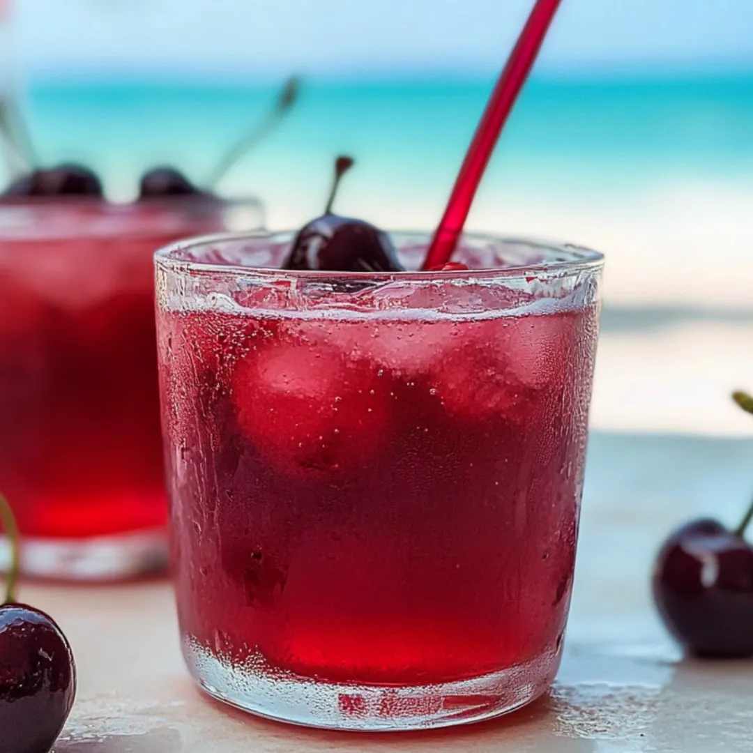 Cherry juice in a glass with a cherry on top.