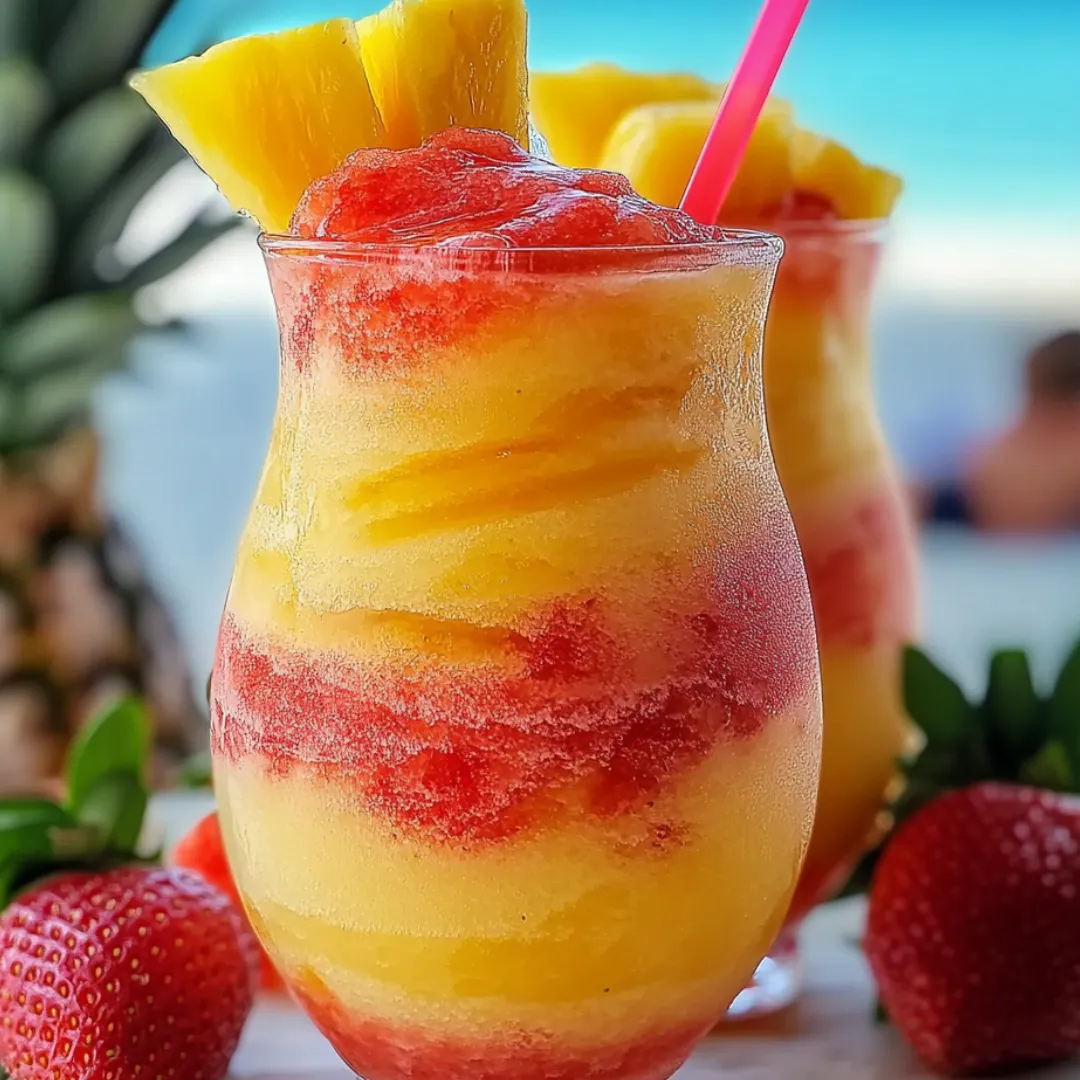 A glass of pineapple juice with strawberries.