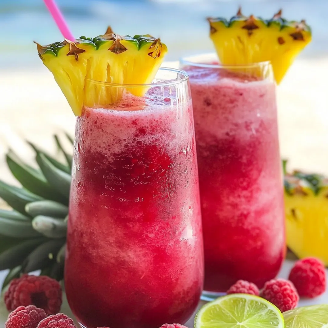 Two glasses of pink drinks with pineapple tops.