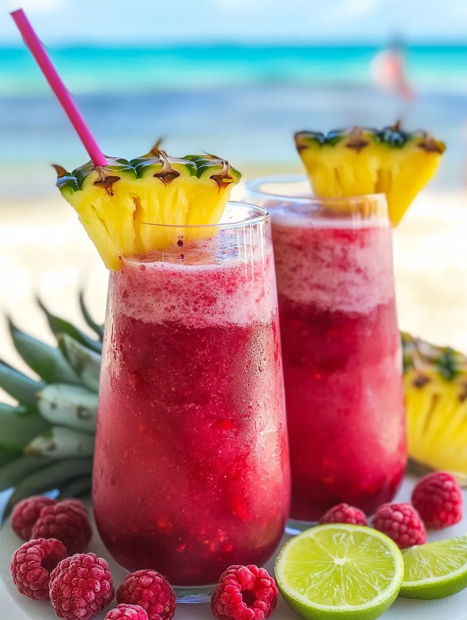 Two pink drinks with pineapple tops.