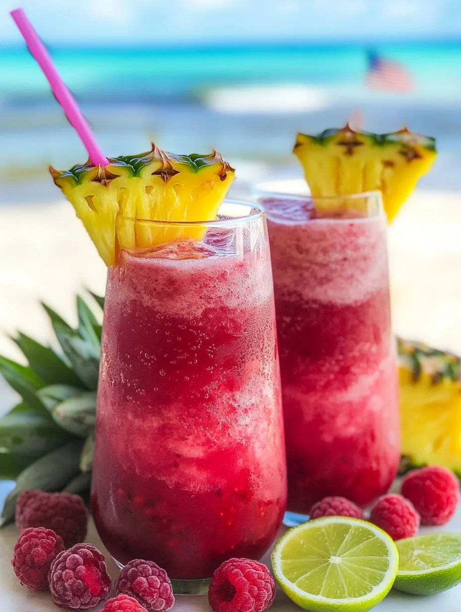 Two pink straws in glasses of red drink.
