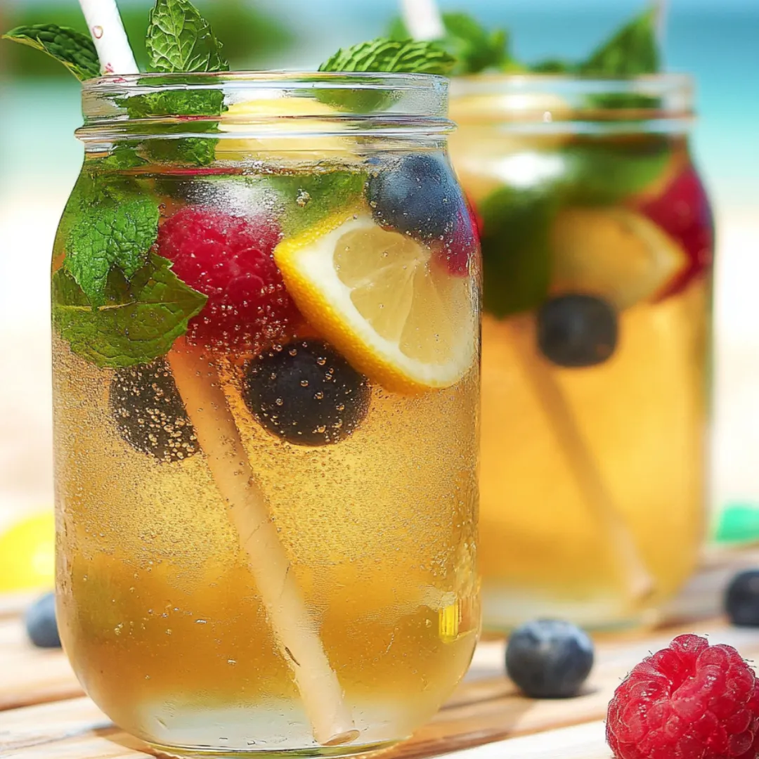 Two glasses of lemonade with blueberries and raspberries.