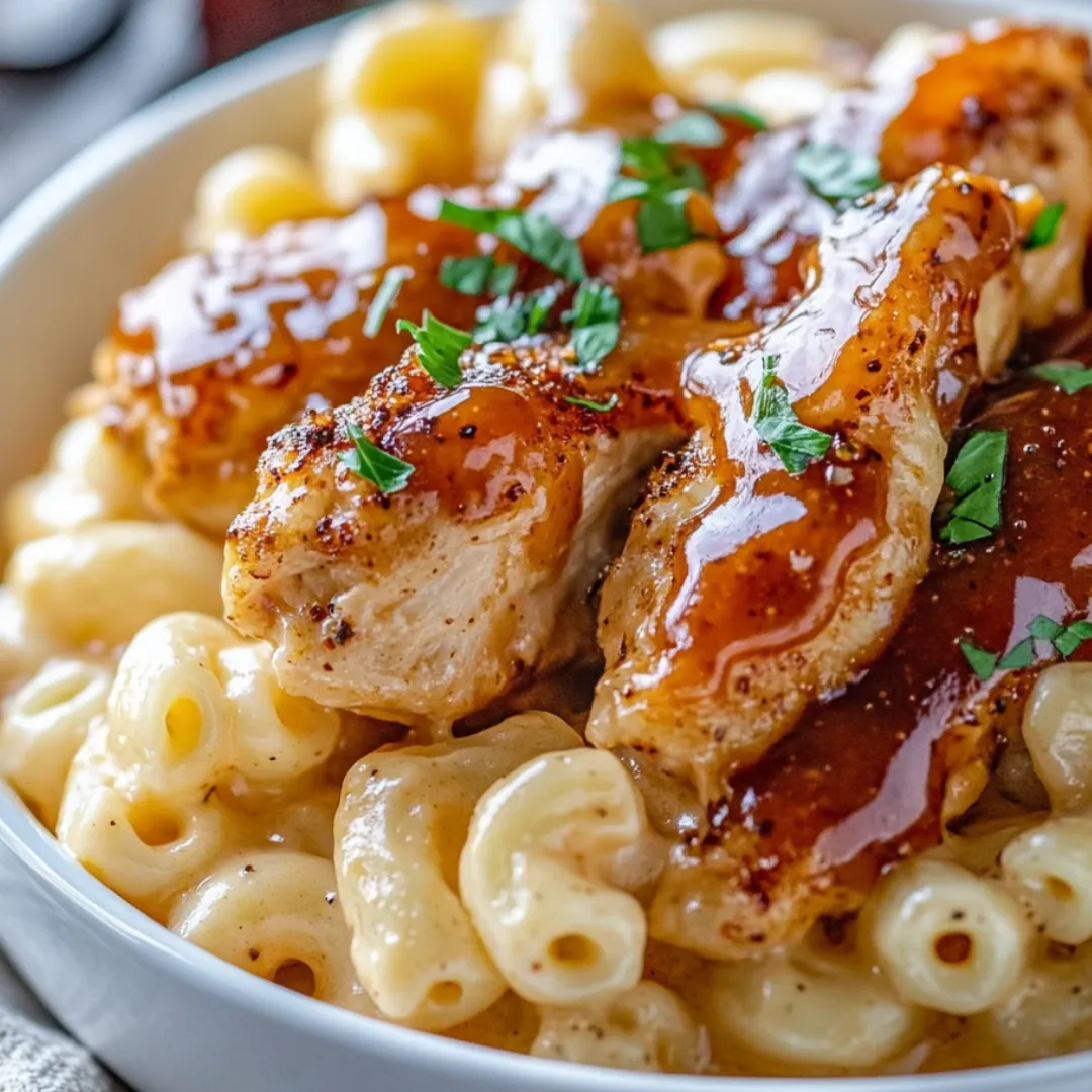 A bowl of macaroni and cheese with chicken on top.