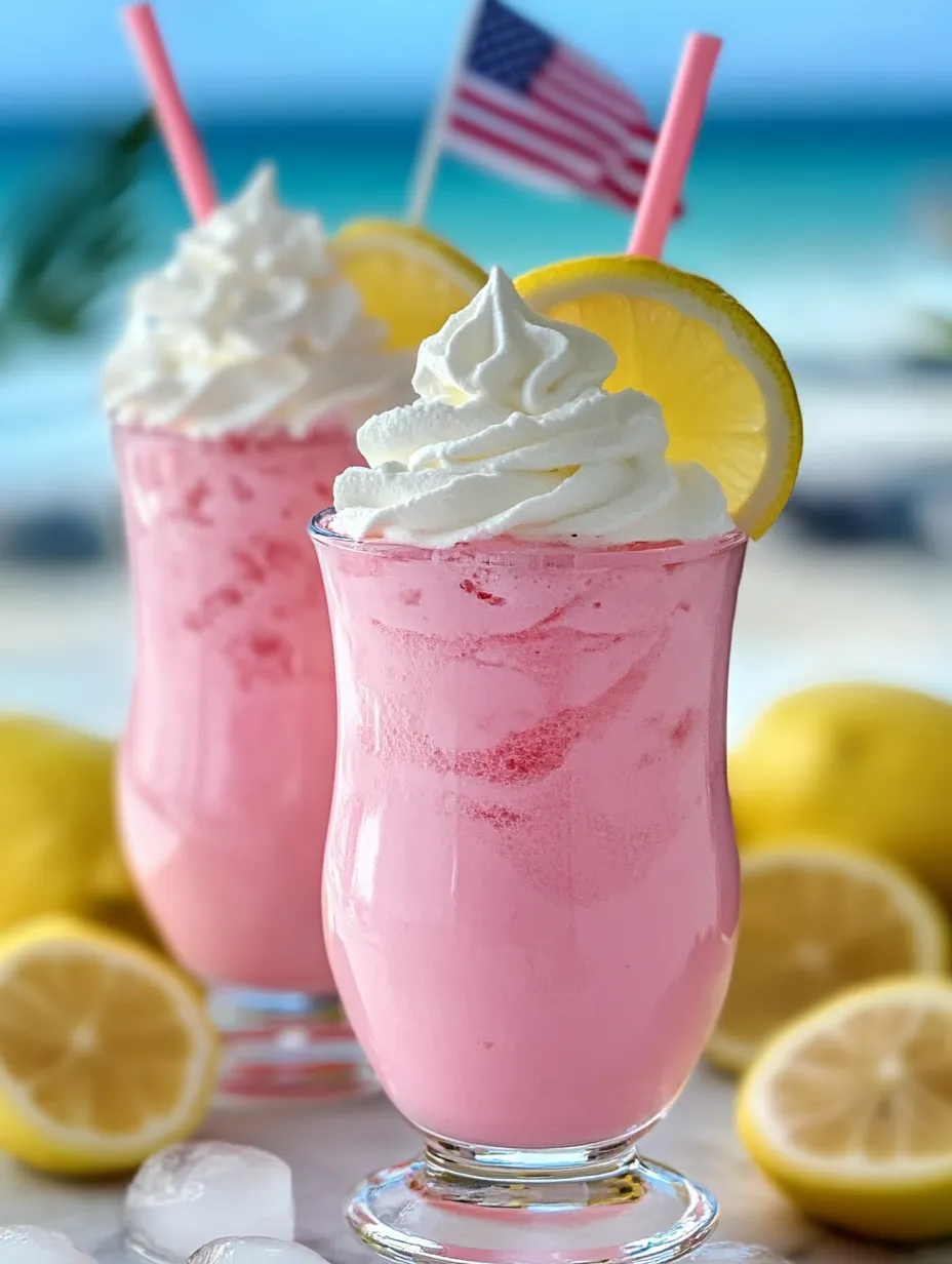 Two pink drinks with lemon slices.