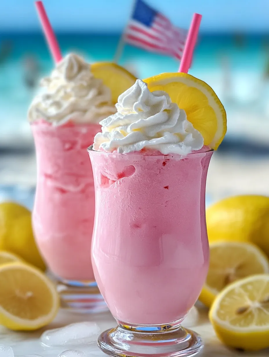 Two pink drinks with lemon slices.