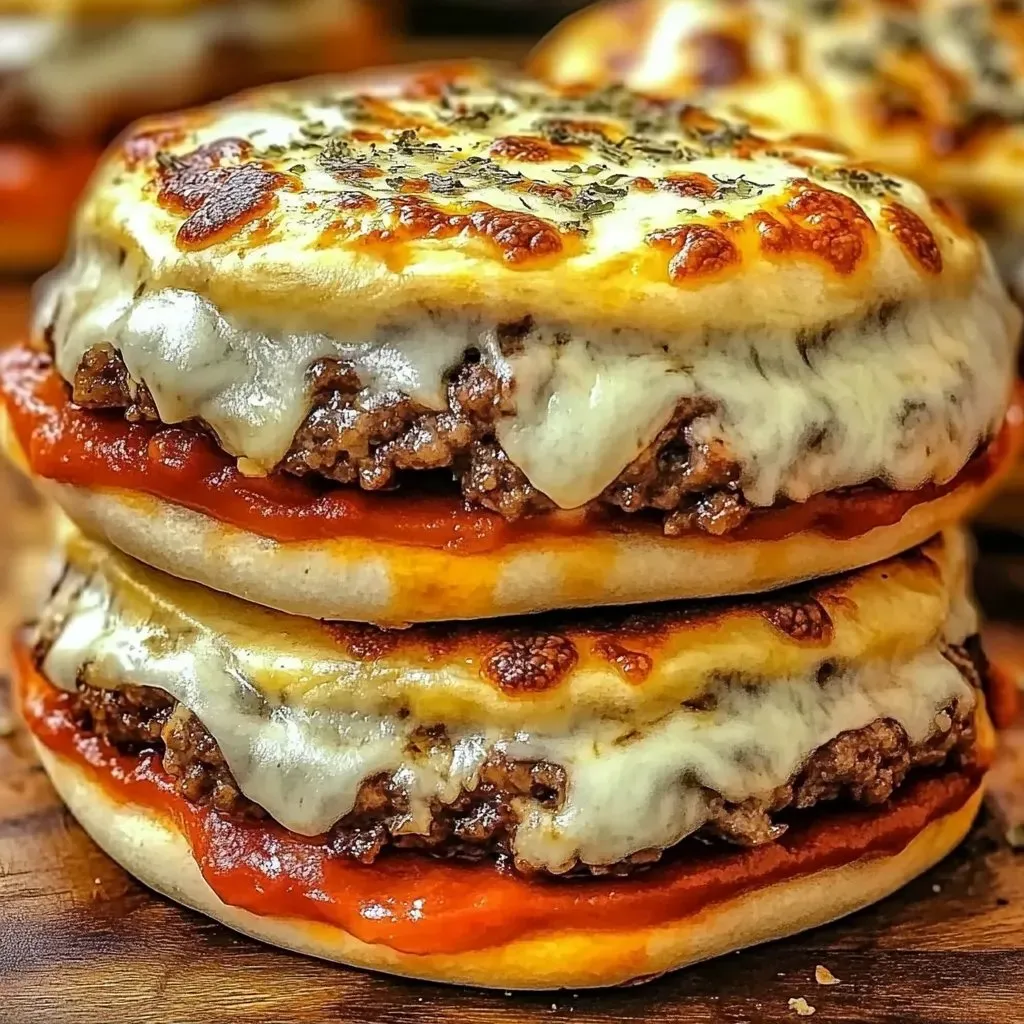 A stack of three pizza sandwiches.