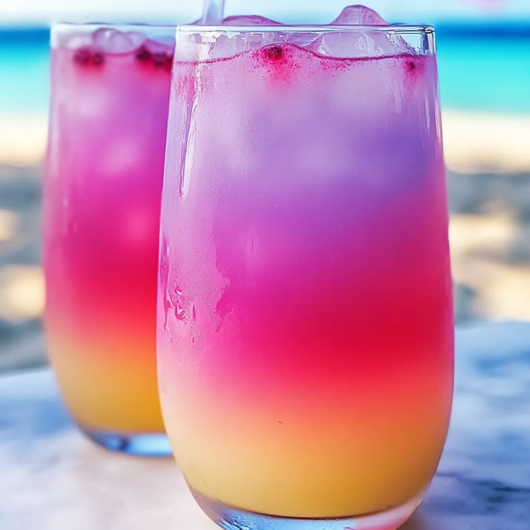 Two glasses of pink and yellow drinks.