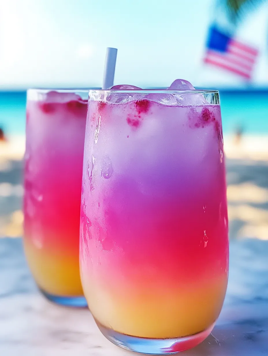 Two glasses of pink and yellow drinks.