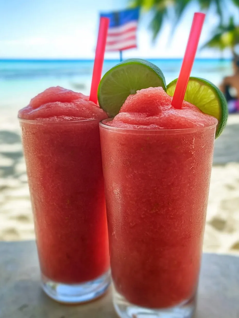 Two glasses of pink drink on a table.