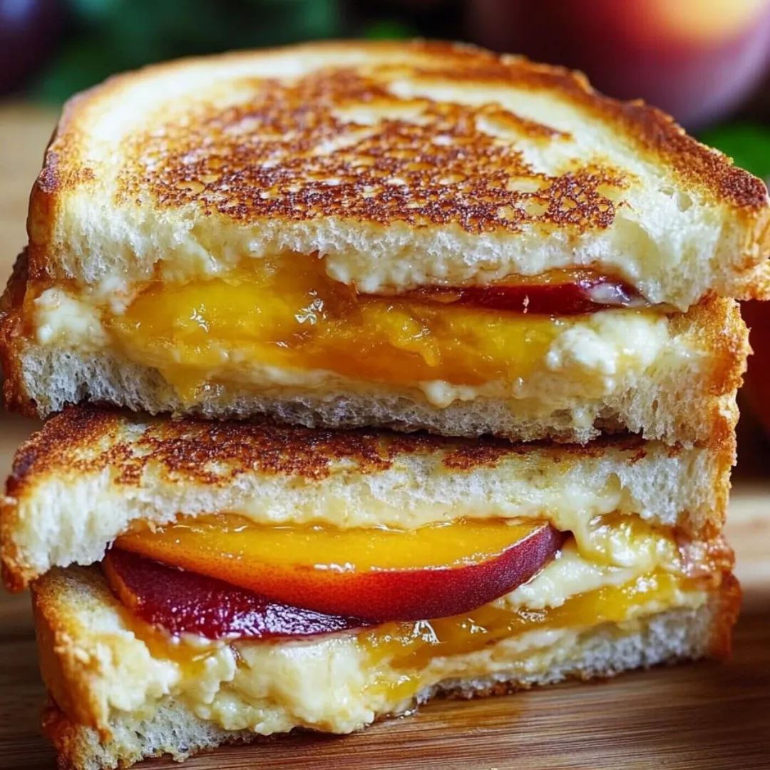 A sandwich with peaches and cheese.