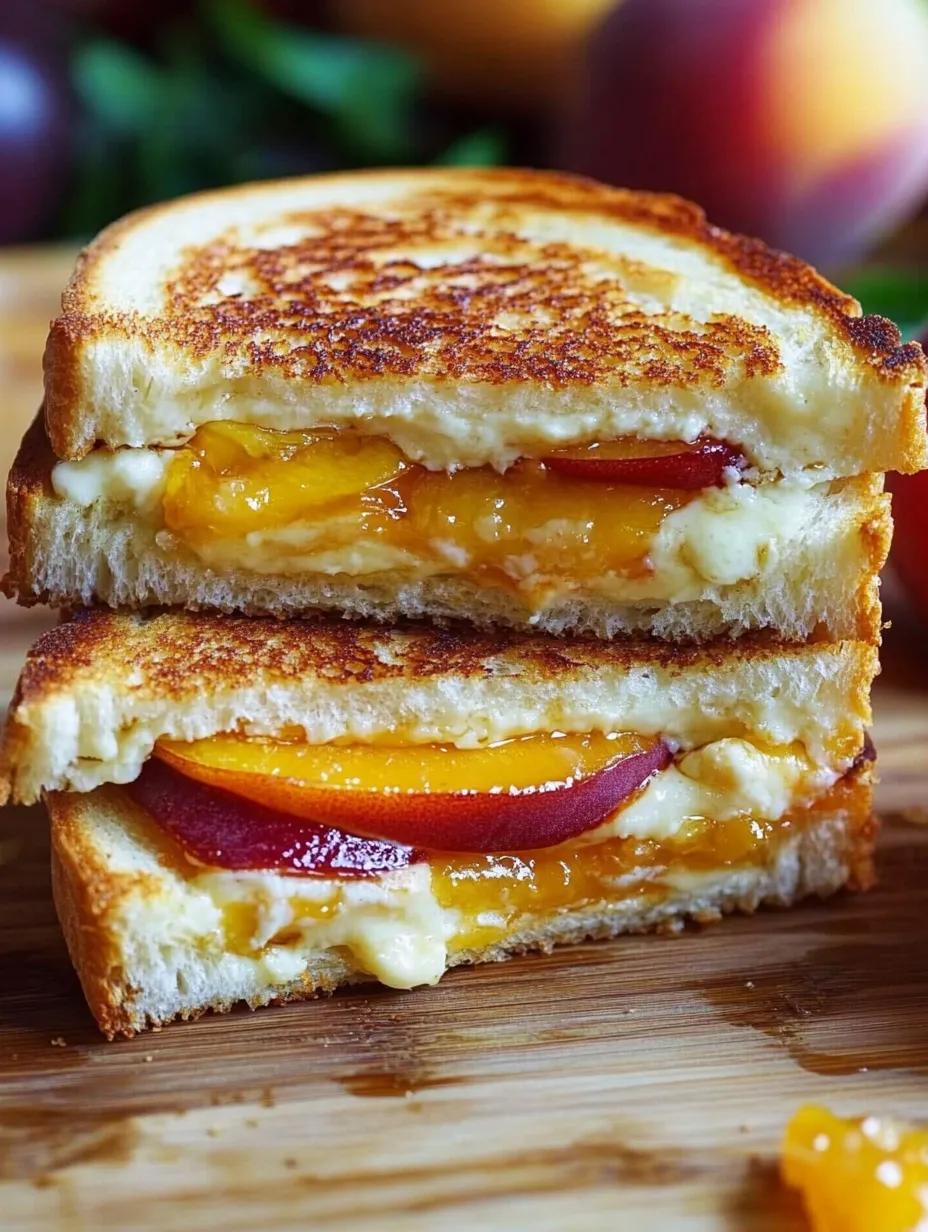 A sandwich with peaches and cheese.