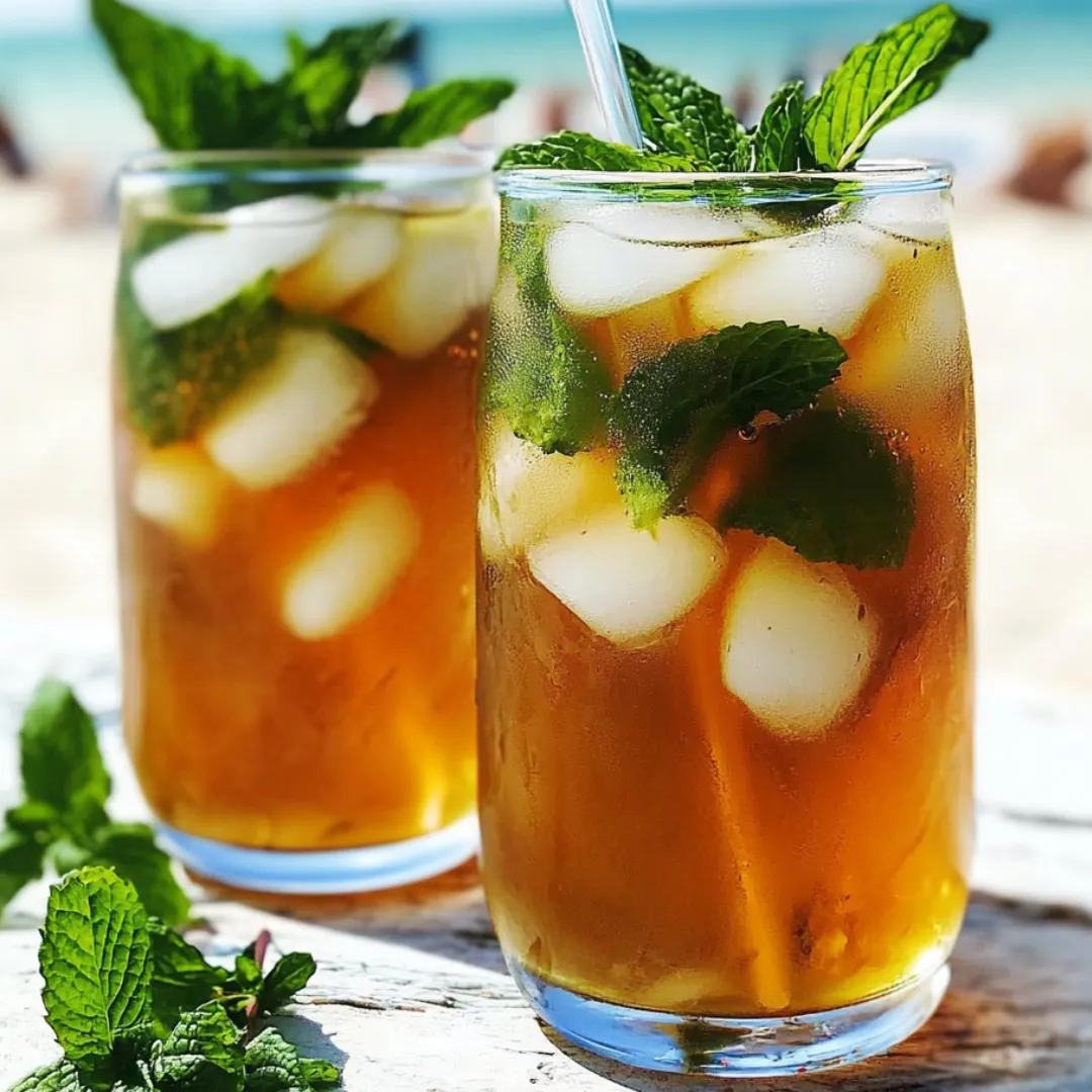 Two glasses of iced tea with mint leaves.
