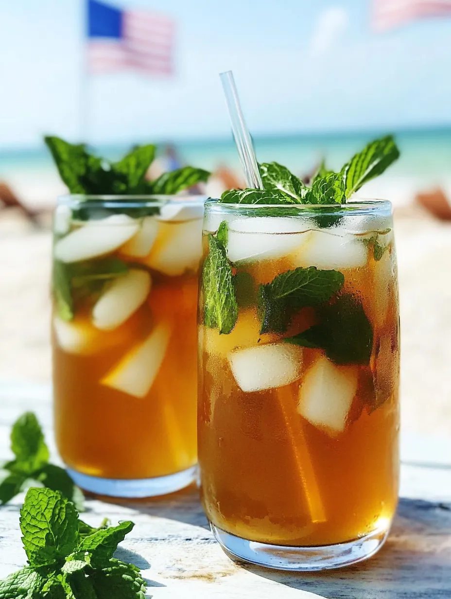 Two glasses of iced tea with mint leaves.