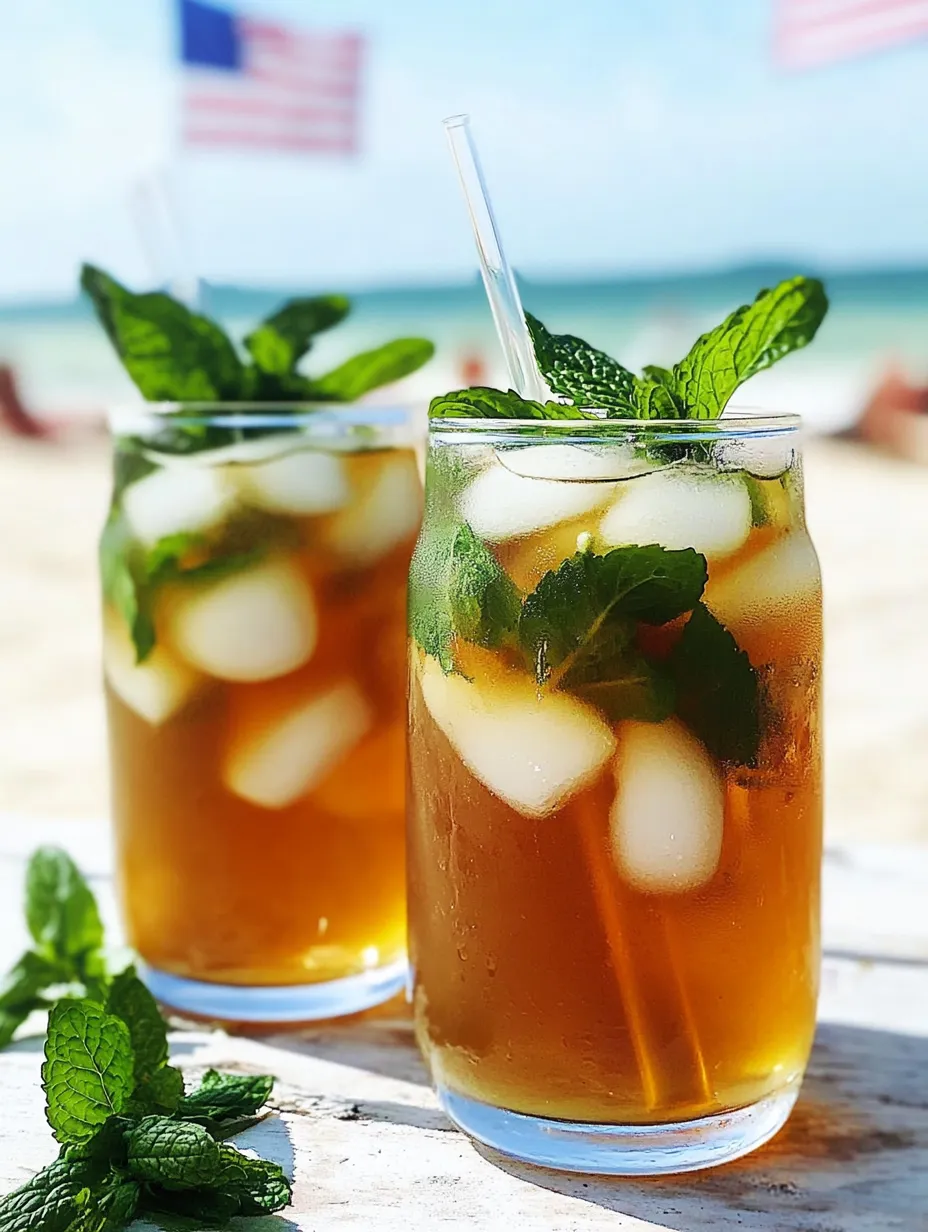 Two glasses of iced tea with mint leaves.