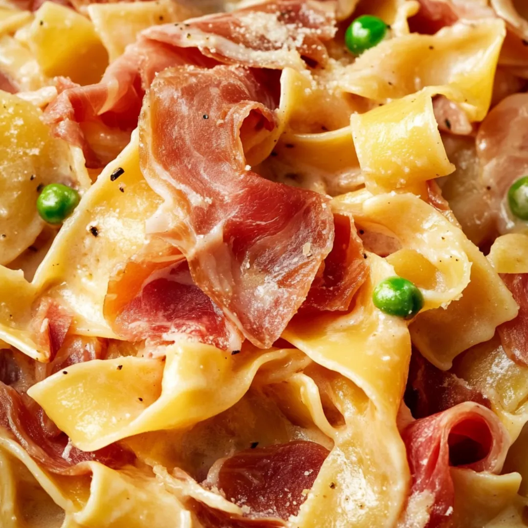 A plate of pasta with meat and peas.