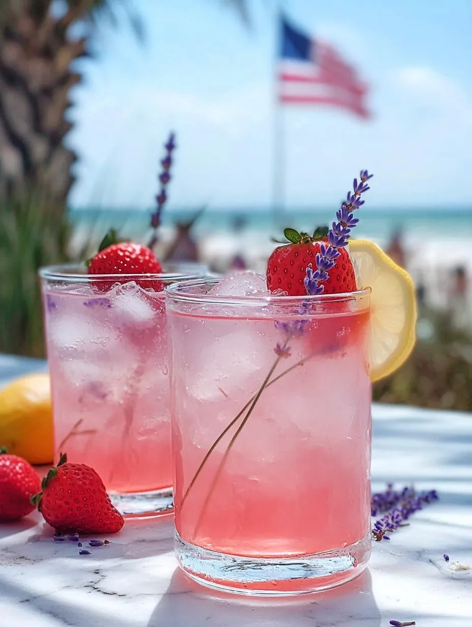 Two glasses of pink lemonade with strawberries and lavender.