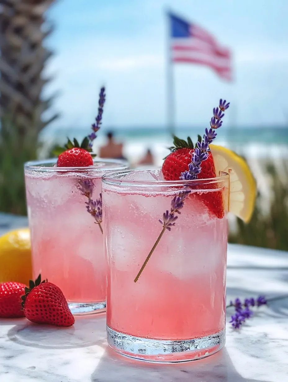 Two glasses of pink lemonade with strawberries and lavender.