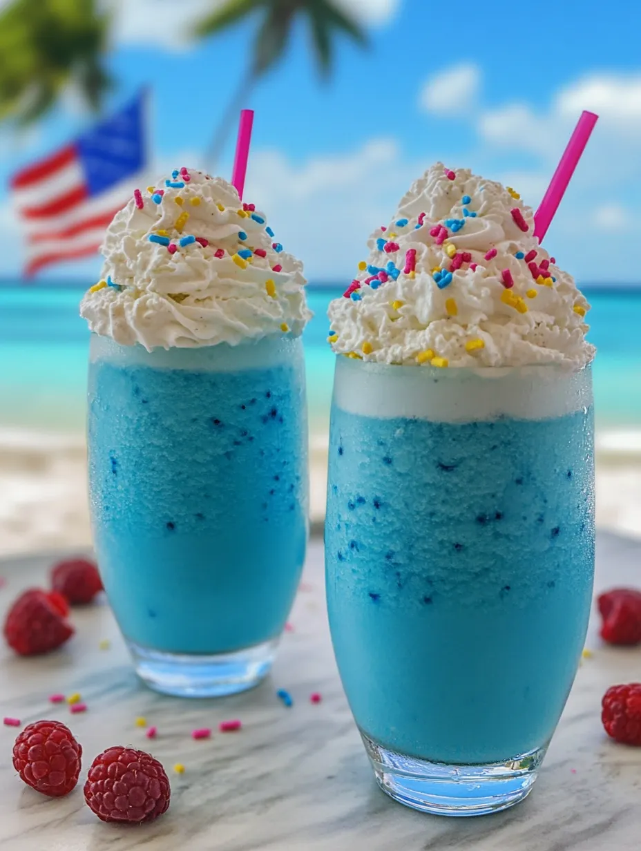 Two blue frozen drinks with pink straws.