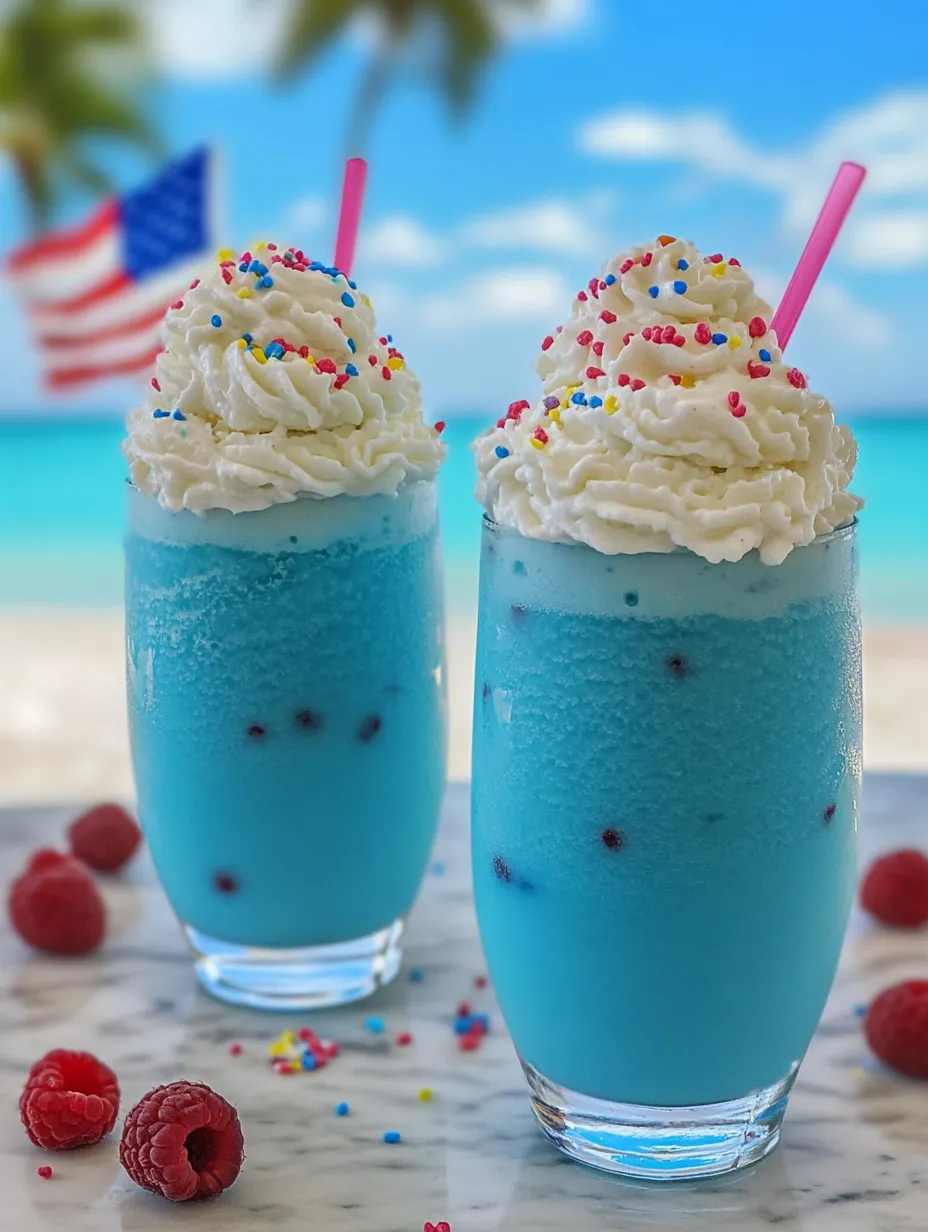 Two blue frozen drinks with pink straws.